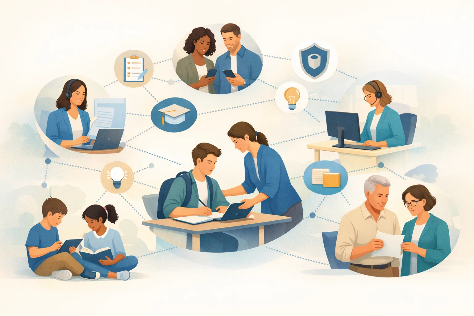 Education Iconic Communities illustration showing students, teachers, staff, and parents connected.